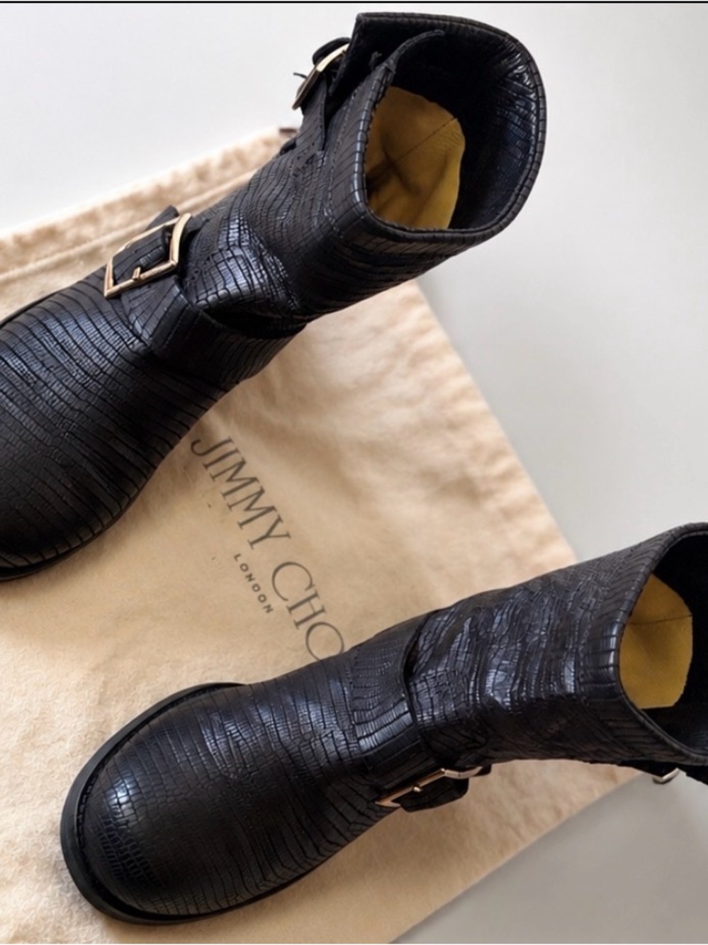 Jimmy Choo YOUTH Lizard Embossed Leather Buckled Flat Moto Biker Boots